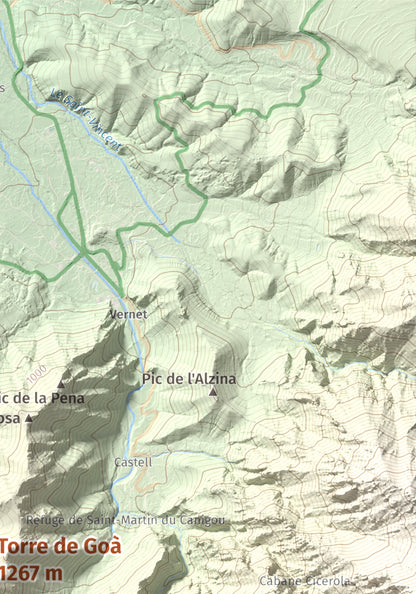 Mapa de relieve de Torre de Goà, 1267 m, Conflent, lámina 100 Cims de Trobart. Detalle de la zona superior derecha. 21 × 30 cm.