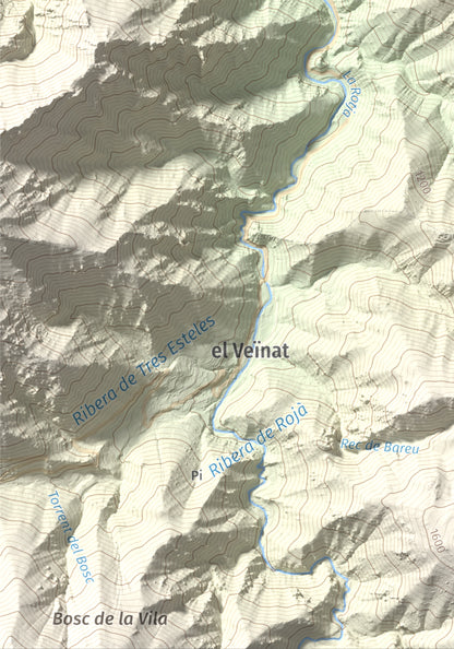 Mapa de relieve de Torre de Goà, 1267 m, Conflent, lámina 100 Cims de Trobart. Detalle de la zona inferior izquierda. 21 × 30 cm.