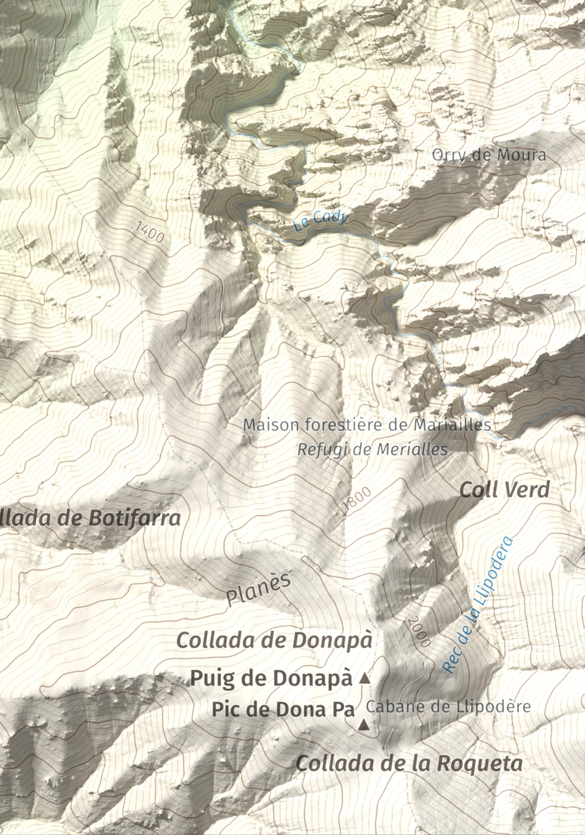 Mapa de relieve de Torre de Goà, 1267 m, Conflent, lámina 100 Cims de Trobart. Detalle de la zona inferior derecha. 21 × 30 cm.