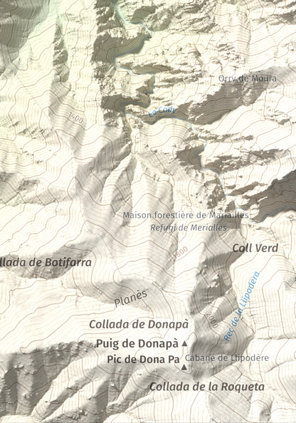 Mapa de relieve de Torre de Goà, 1267 m, Conflent, lámina 100 Cims de Trobart. Detalle de la zona inferior derecha. 21 × 30 cm.