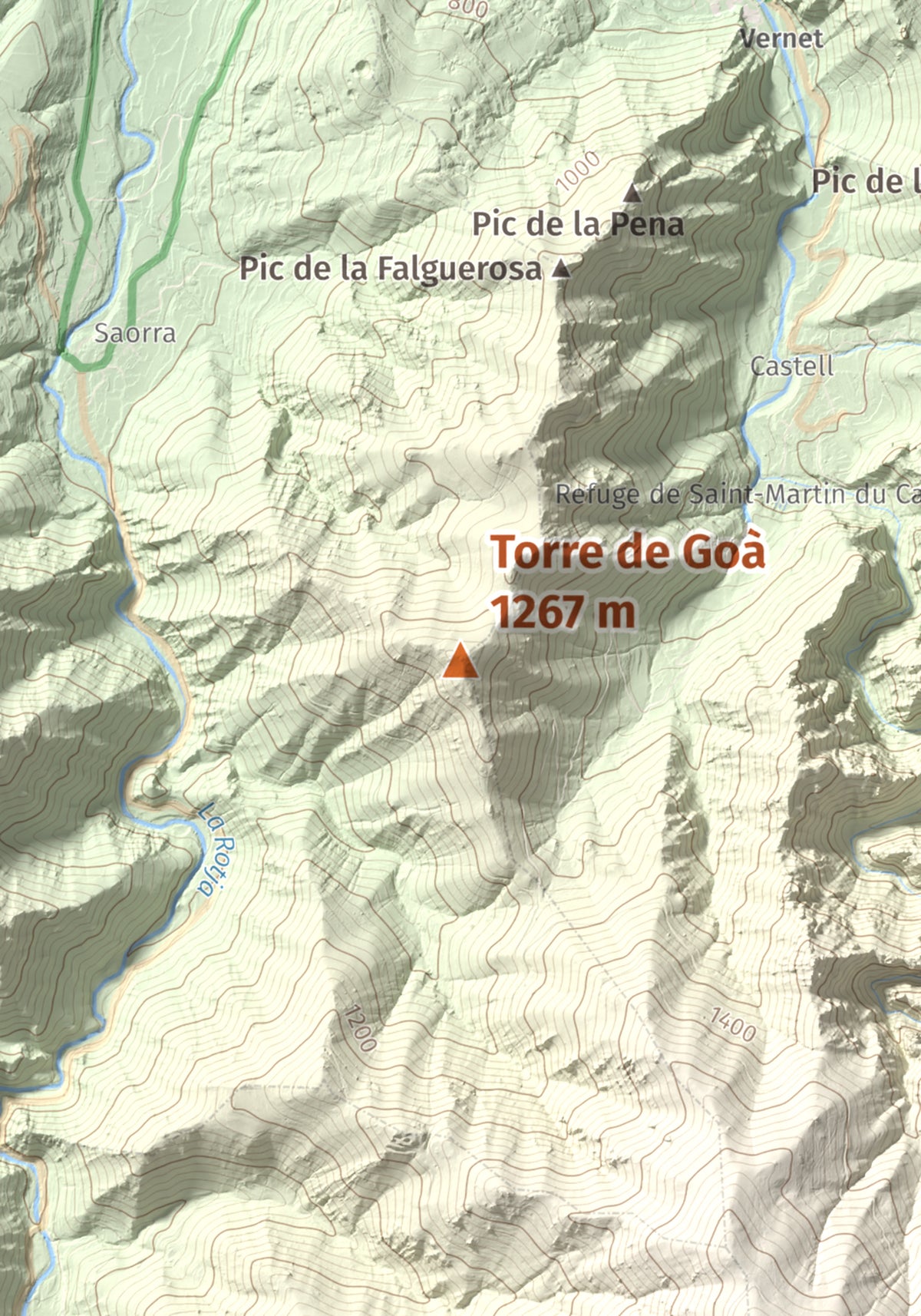 Mapa de relieve de Torre de Goà, 1267 m, Conflent, lámina 100 Cims de Trobart. Detalle de la zona central. 21 × 30 cm.