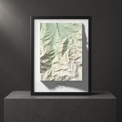 Mapa de relieve de Torre de Goà, 1267 m, Conflent, lámina 100 Cims de Trobart. Presentación enmarcada. 30 × 40 cm.