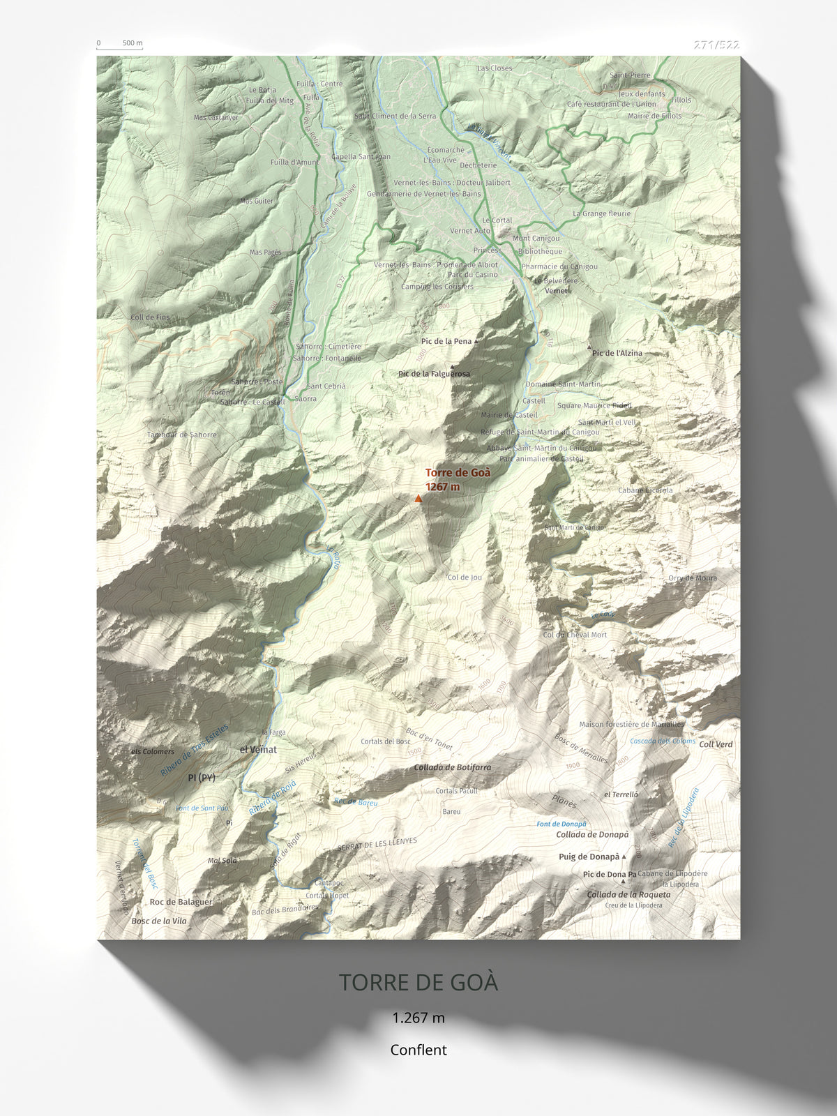 Mapa de relieve de Torre de Goà, 1267 m, Conflent, lámina 100 Cims de Trobart 30 × 40 cm.