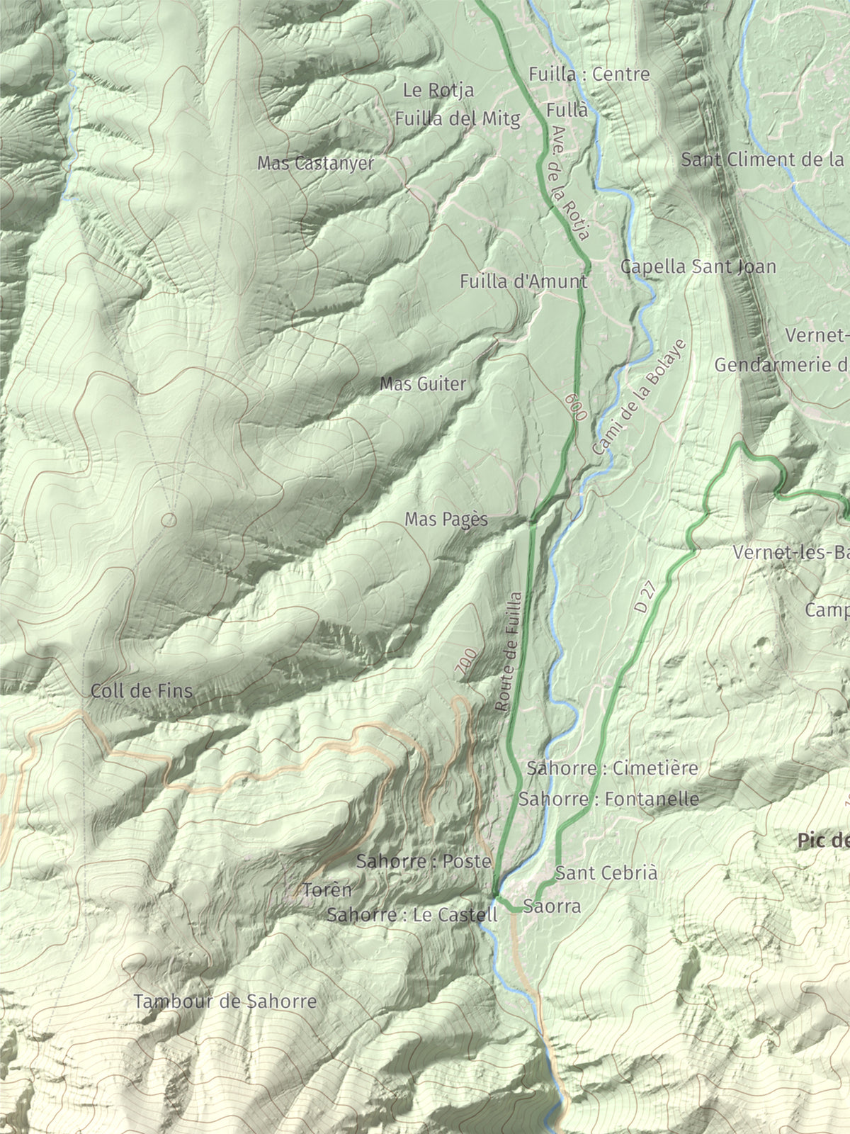 Mapa de relieve de Torre de Goà, 1267 m, Conflent, lámina 100 Cims de Trobart. Detalle de la zona superior izquierda. 30 × 40 cm.