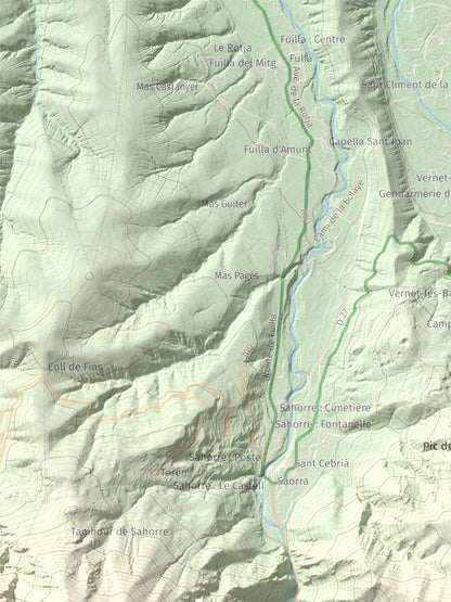 Mapa de relieve de Torre de Goà, 1267 m, Conflent, lámina 100 Cims de Trobart. Detalle de la zona superior izquierda. 30 × 40 cm.