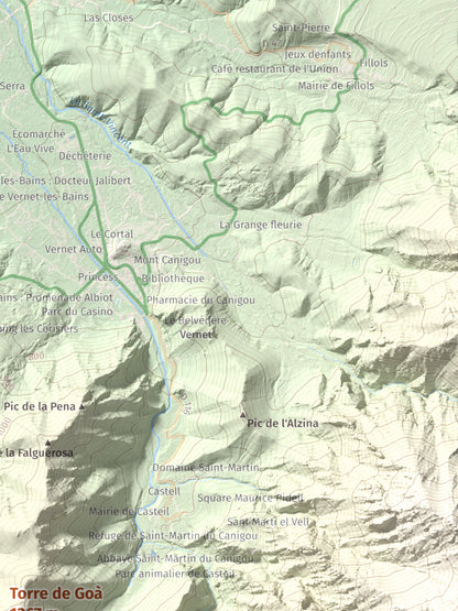 Mapa de relieve de Torre de Goà, 1267 m, Conflent, lámina 100 Cims de Trobart. Detalle de la zona superior derecha. 30 × 40 cm.