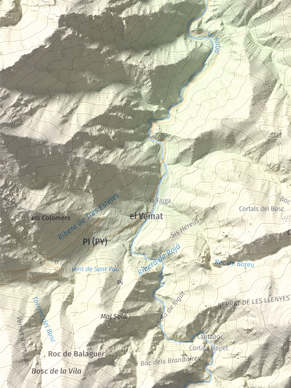 Mapa de relieve de Torre de Goà, 1267 m, Conflent, lámina 100 Cims de Trobart. Detalle de la zona inferior izquierda. 30 × 40 cm.