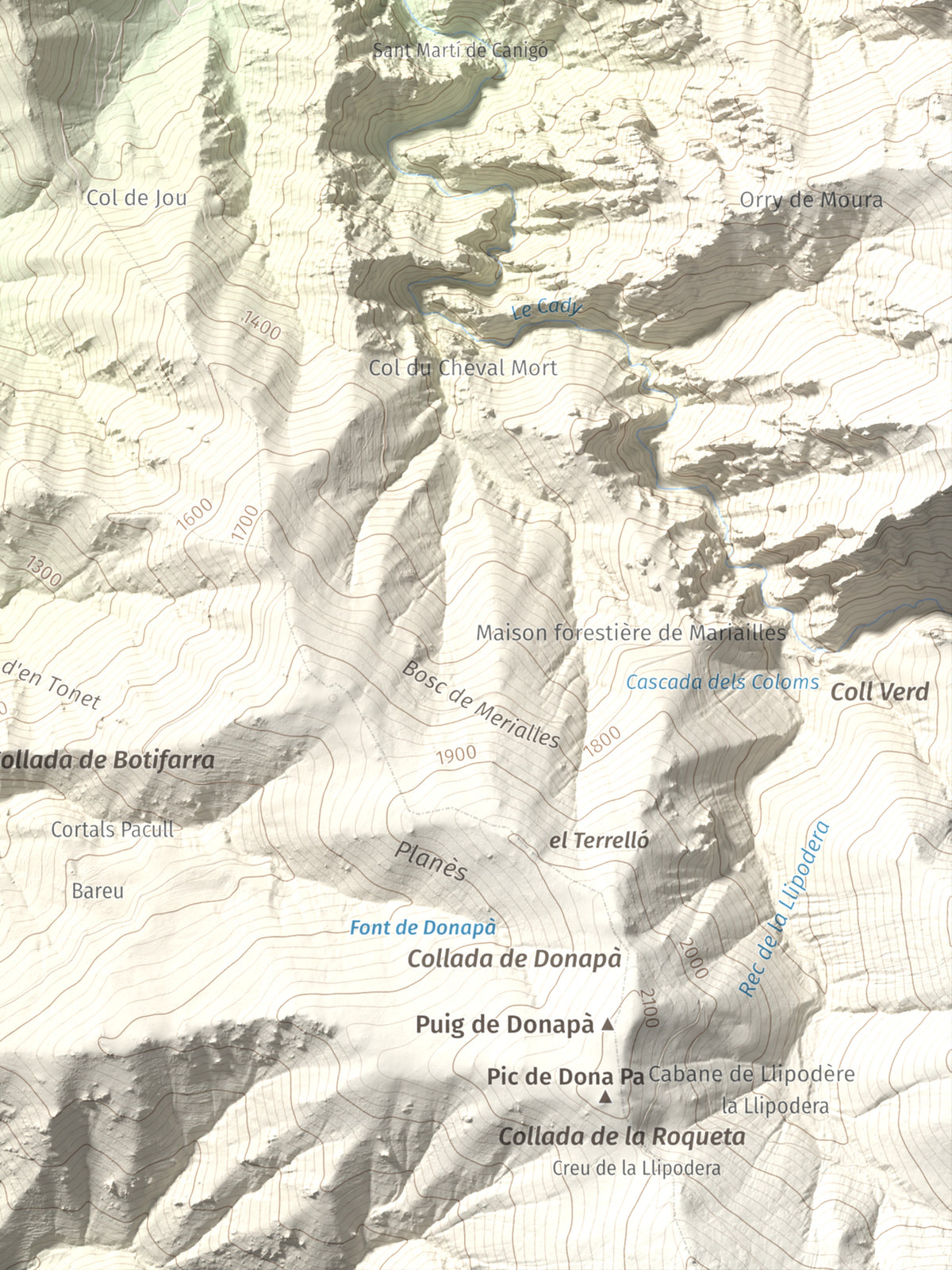 Mapa de relieve de Torre de Goà, 1267 m, Conflent, lámina 100 Cims de Trobart. Detalle de la zona inferior derecha. 30 × 40 cm.