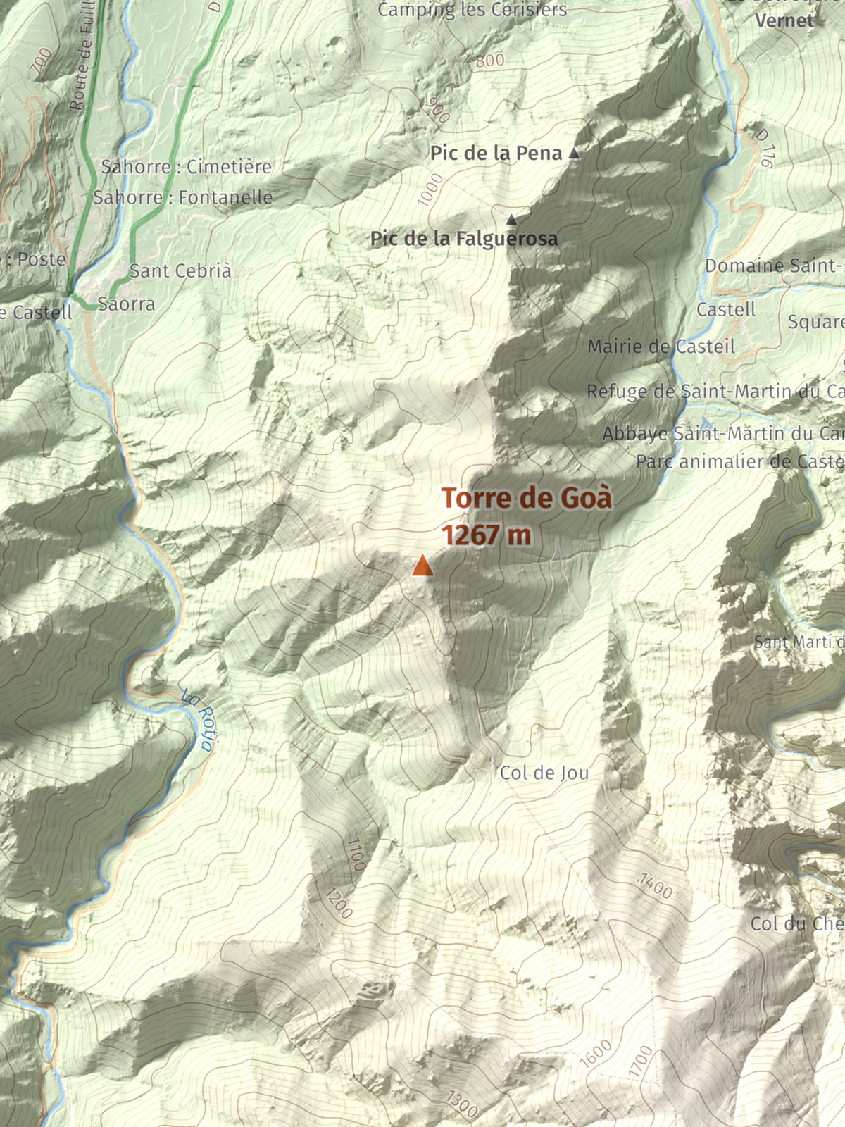 Mapa de relieve de Torre de Goà, 1267 m, Conflent, lámina 100 Cims de Trobart. Detalle de la zona central. 30 × 40 cm.