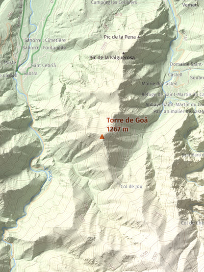 Mapa de relieve de Torre de Goà, 1267 m, Conflent, lámina 100 Cims de Trobart. Detalle de la zona central. 30 × 40 cm.