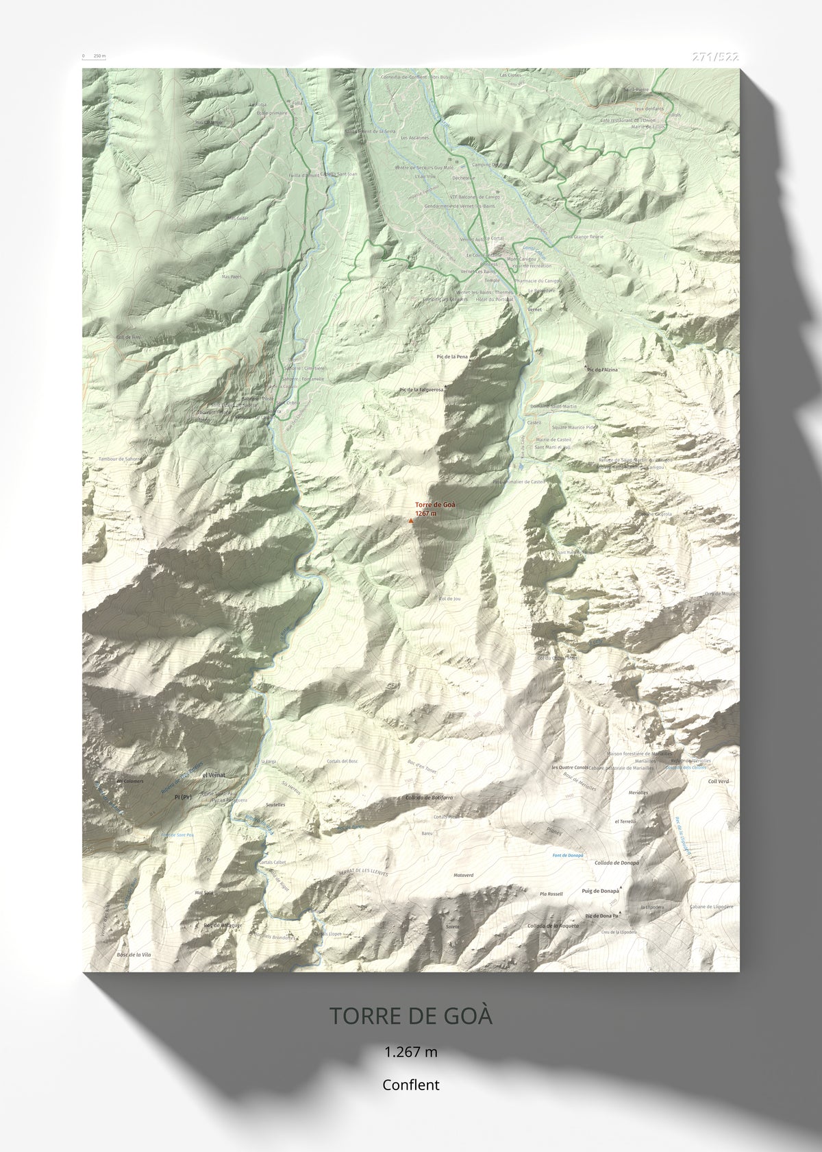 Mapa de relieve de Torre de Goà, 1267 m, Conflent, lámina 100 Cims de Trobart 50 × 70 cm.