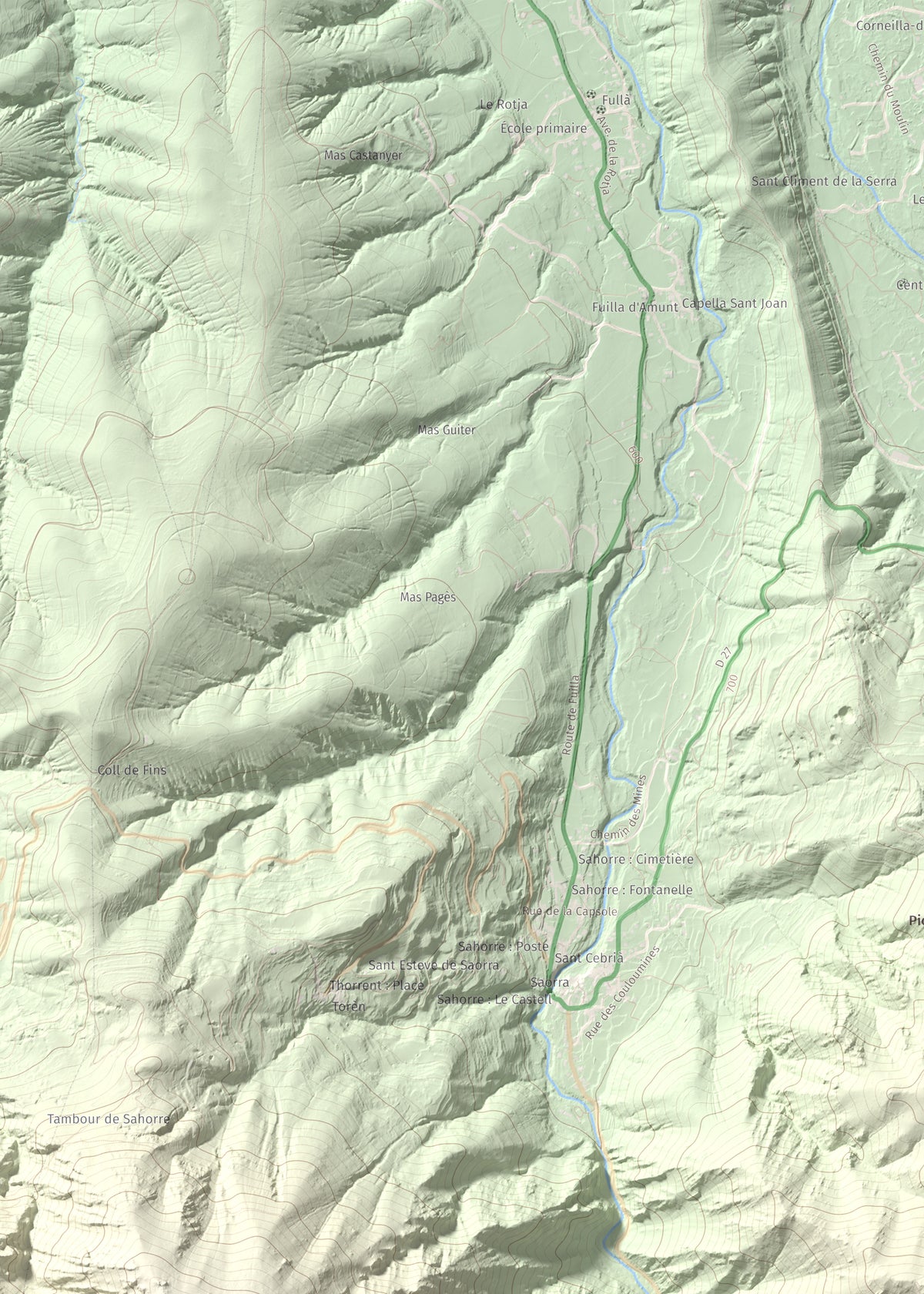 Mapa de relieve de Torre de Goà, 1267 m, Conflent, lámina 100 Cims de Trobart. Detalle de la zona superior izquierda. 50 × 70 cm.