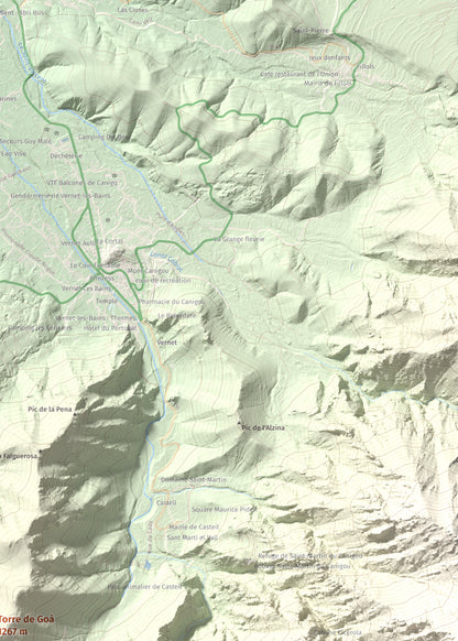 Mapa de relieve de Torre de Goà, 1267 m, Conflent, lámina 100 Cims de Trobart. Detalle de la zona superior derecha. 50 × 70 cm.