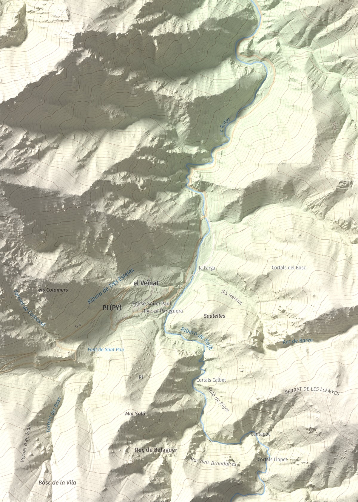 Mapa de relieve de Torre de Goà, 1267 m, Conflent, lámina 100 Cims de Trobart. Detalle de la zona inferior izquierda. 50 × 70 cm.