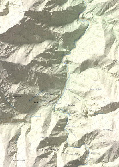 Mapa de relieve de Torre de Goà, 1267 m, Conflent, lámina 100 Cims de Trobart. Detalle de la zona inferior izquierda. 50 × 70 cm.