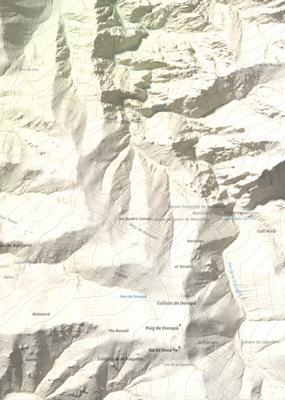 Mapa de relieve de Torre de Goà, 1267 m, Conflent, lámina 100 Cims de Trobart. Detalle de la zona inferior derecha. 50 × 70 cm.
