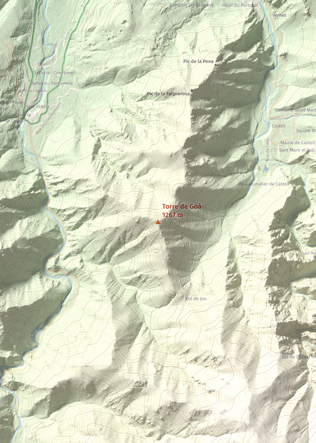 Mapa de relieve de Torre de Goà, 1267 m, Conflent, lámina 100 Cims de Trobart. Detalle de la zona central. 50 × 70 cm.