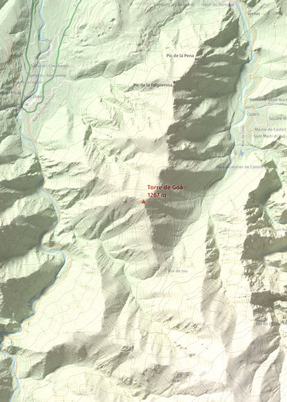 Mapa de relieve de Torre de Goà, 1267 m, Conflent, lámina 100 Cims de Trobart. Detalle de la zona central. 50 × 70 cm.