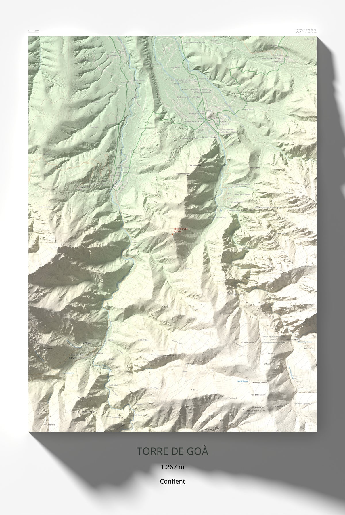 Mapa de relieve de Torre de Goà, 1267 m, Conflent, lámina 100 Cims de Trobart 61 × 91 cm.