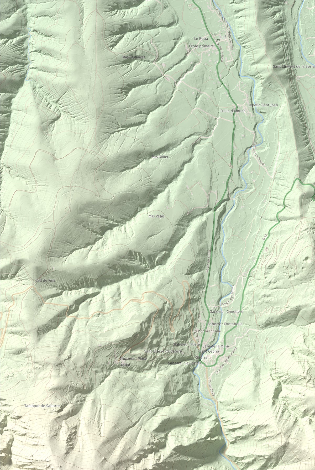 Mapa de relieve de Torre de Goà, 1267 m, Conflent, lámina 100 Cims de Trobart. Detalle de la zona superior izquierda. 61 × 91 cm.
