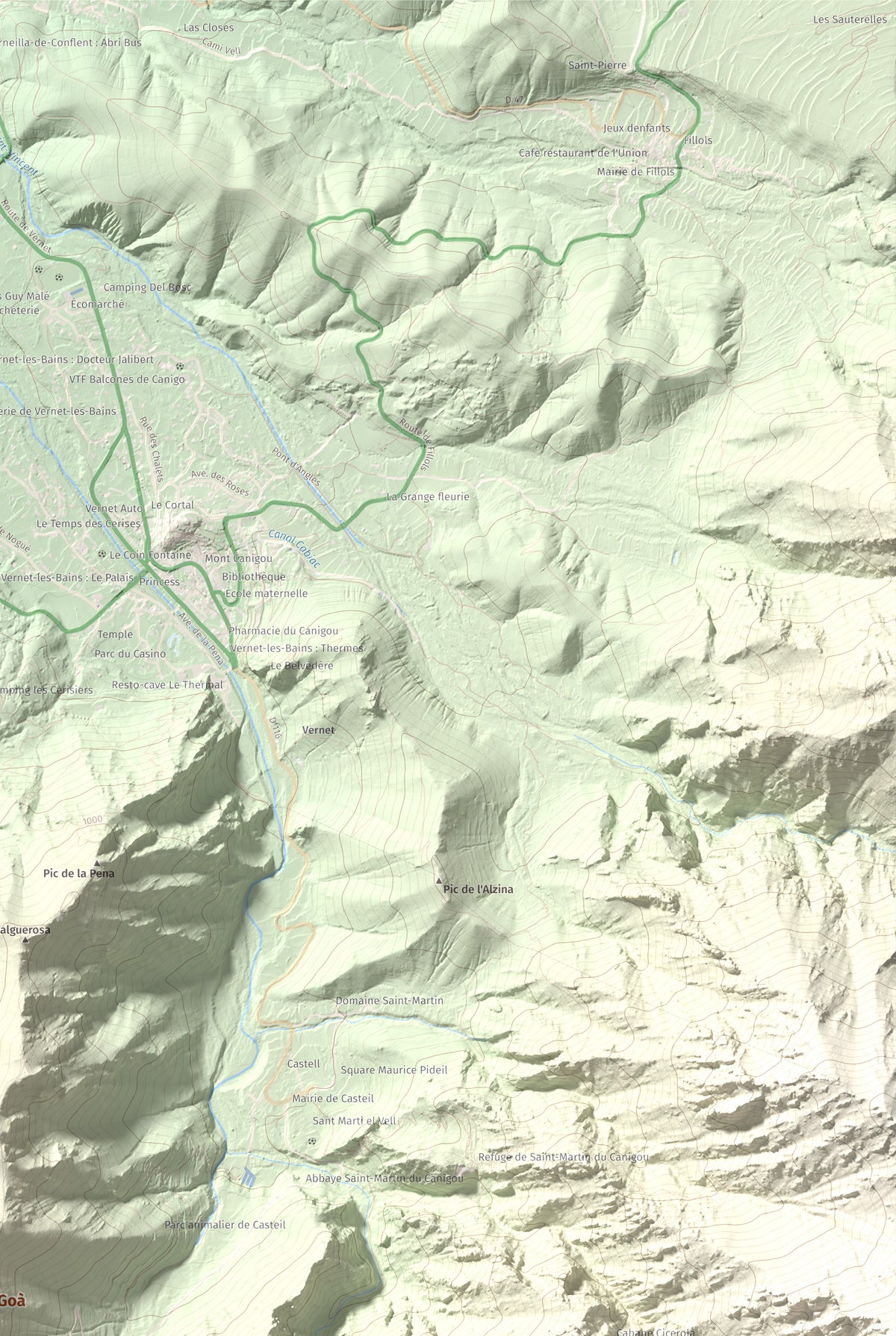 Mapa de relieve de Torre de Goà, 1267 m, Conflent, lámina 100 Cims de Trobart. Detalle de la zona superior derecha. 61 × 91 cm.