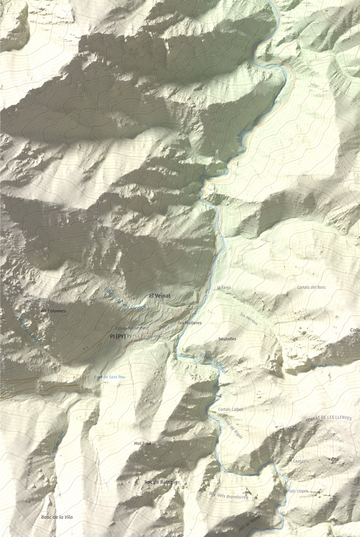 Mapa de relieve de Torre de Goà, 1267 m, Conflent, lámina 100 Cims de Trobart. Detalle de la zona inferior izquierda. 61 × 91 cm.