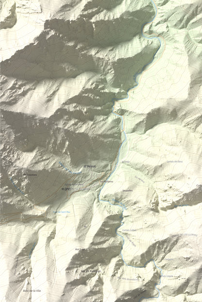 Mapa de relieve de Torre de Goà, 1267 m, Conflent, lámina 100 Cims de Trobart. Detalle de la zona inferior izquierda. 61 × 91 cm.