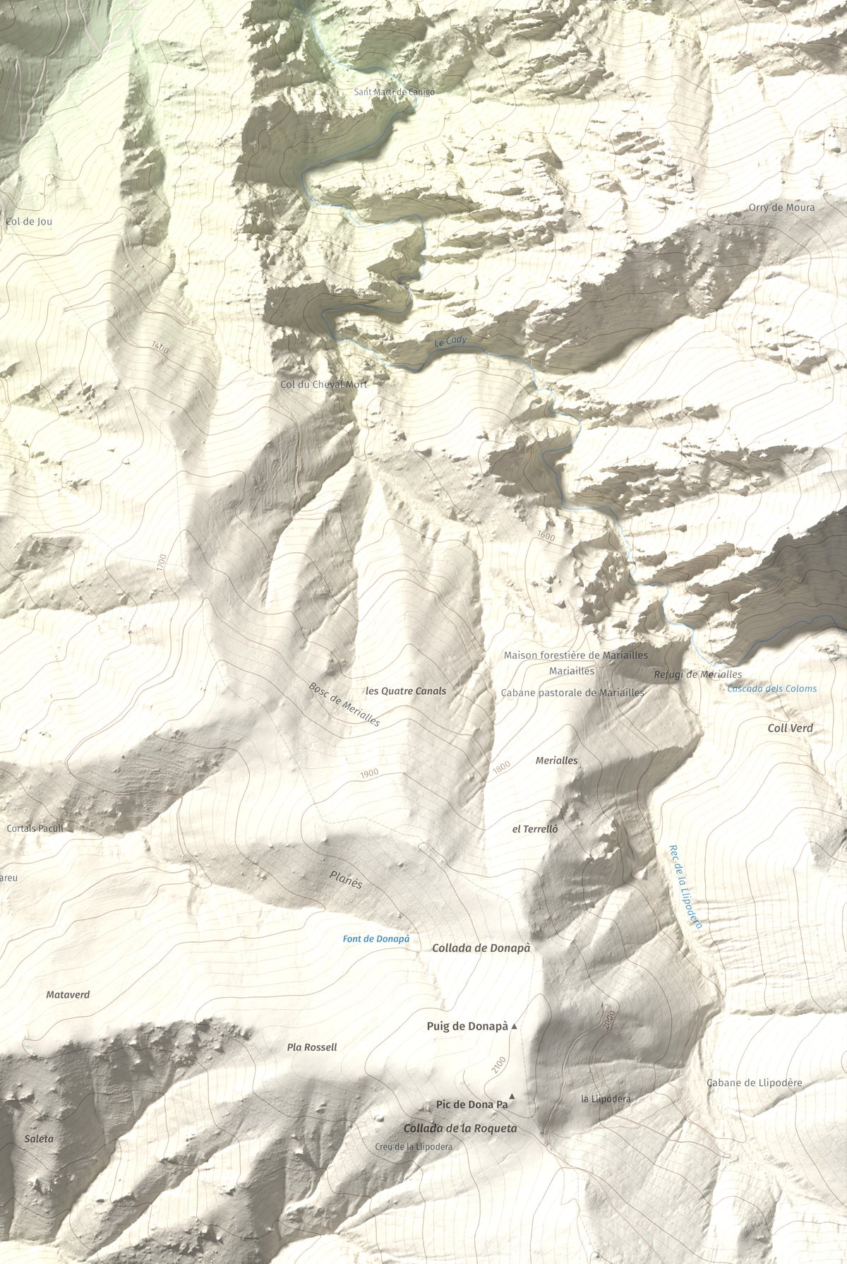 Mapa de relieve de Torre de Goà, 1267 m, Conflent, lámina 100 Cims de Trobart. Detalle de la zona inferior derecha. 61 × 91 cm.