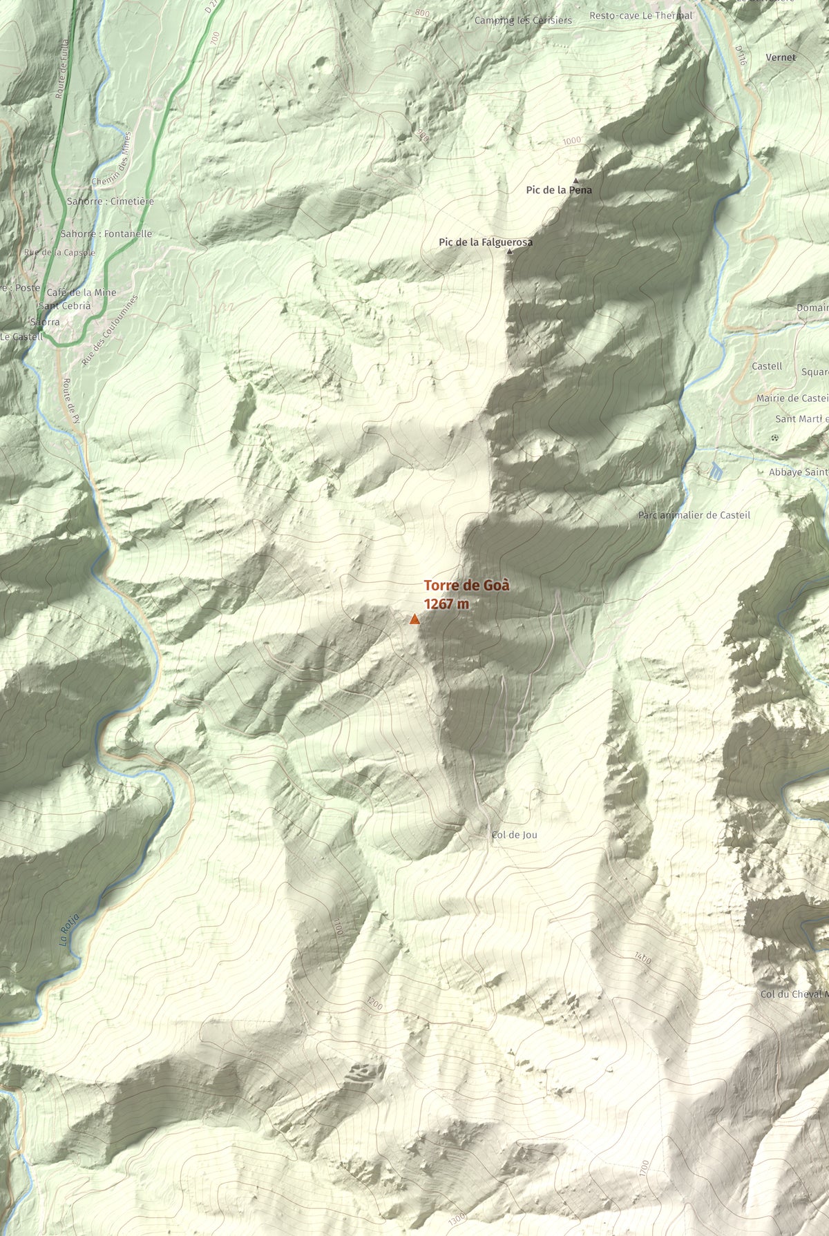 Mapa de relieve de Torre de Goà, 1267 m, Conflent, lámina 100 Cims de Trobart. Detalle de la zona central. 61 × 91 cm.