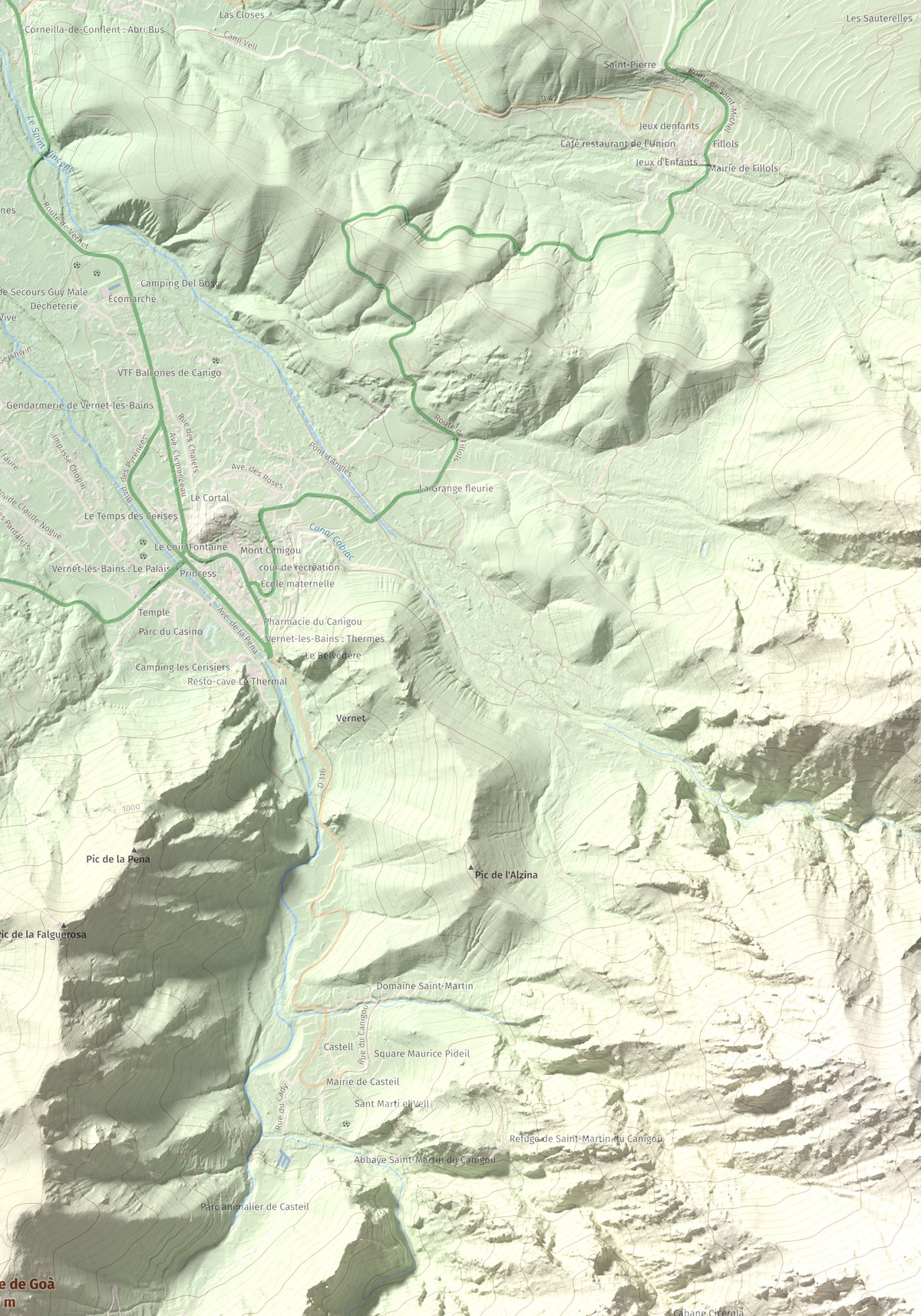 Mapa de relieve de Torre de Goà, 1267 m, Conflent, lámina 100 Cims de Trobart. Detalle de la zona superior derecha. 70 × 100 cm.