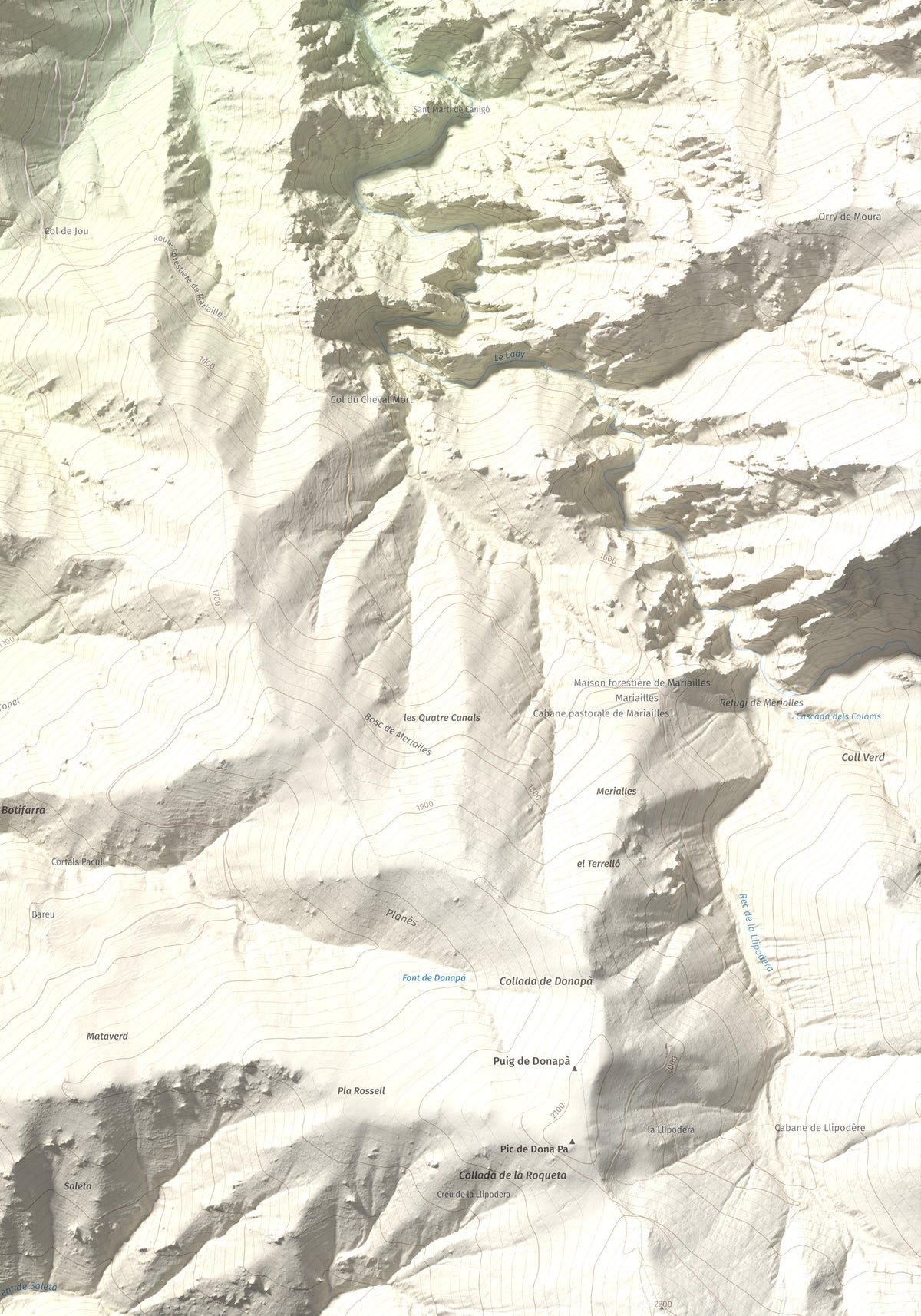 Mapa de relieve de Torre de Goà, 1267 m, Conflent, lámina 100 Cims de Trobart. Detalle de la zona inferior derecha. 70 × 100 cm.