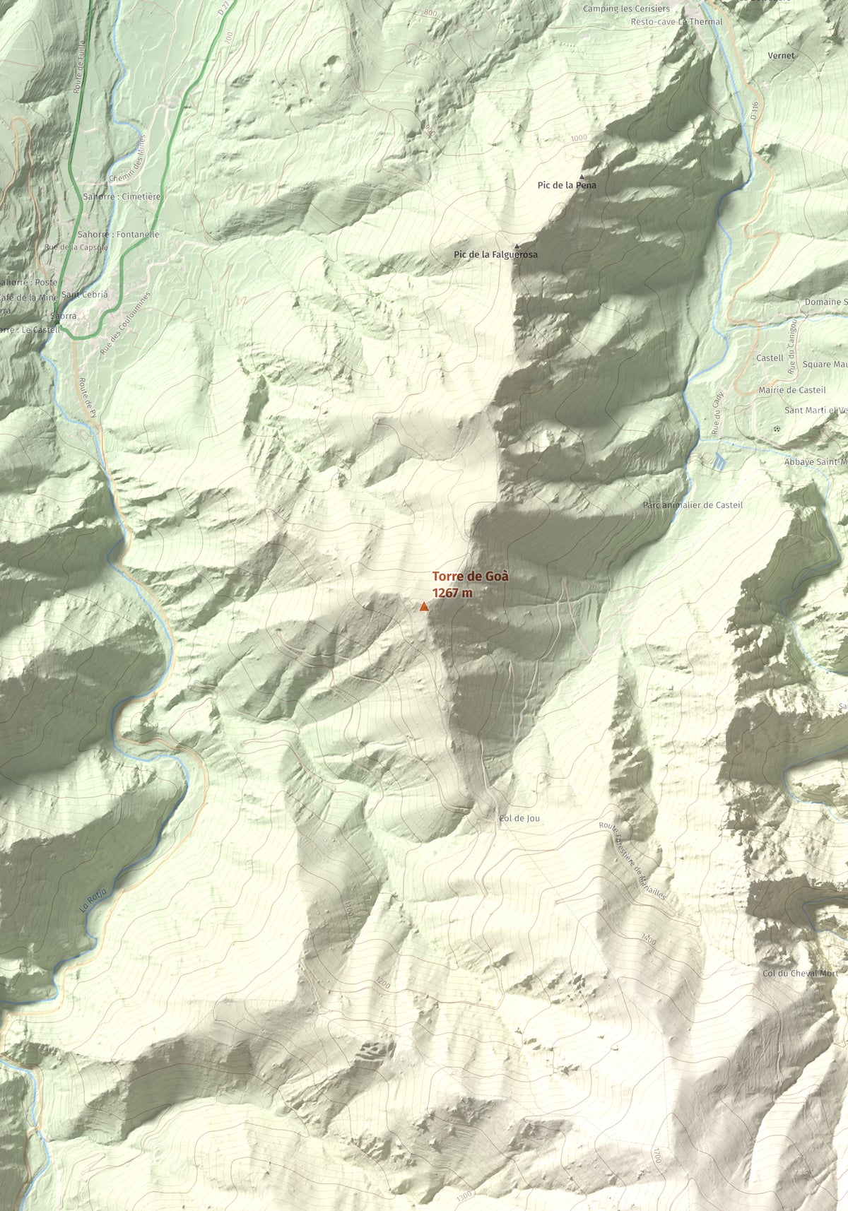 Mapa de relieve de Torre de Goà, 1267 m, Conflent, lámina 100 Cims de Trobart. Detalle de la zona central. 70 × 100 cm.