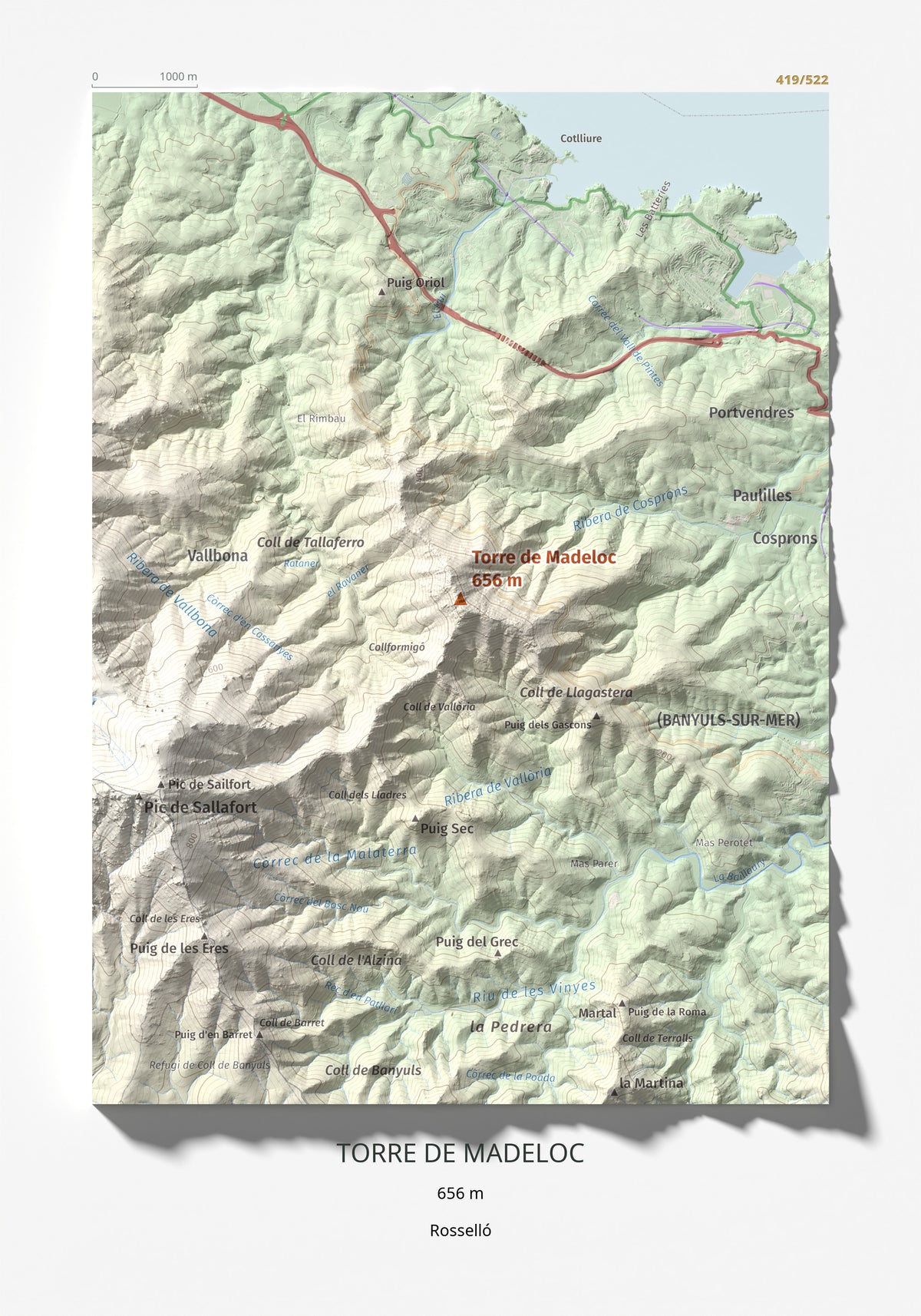 Mapa de relieve de Torre de Madeloc, 656 m, Rosselló, lámina 100 Cims de Trobart 21 × 30 cm.