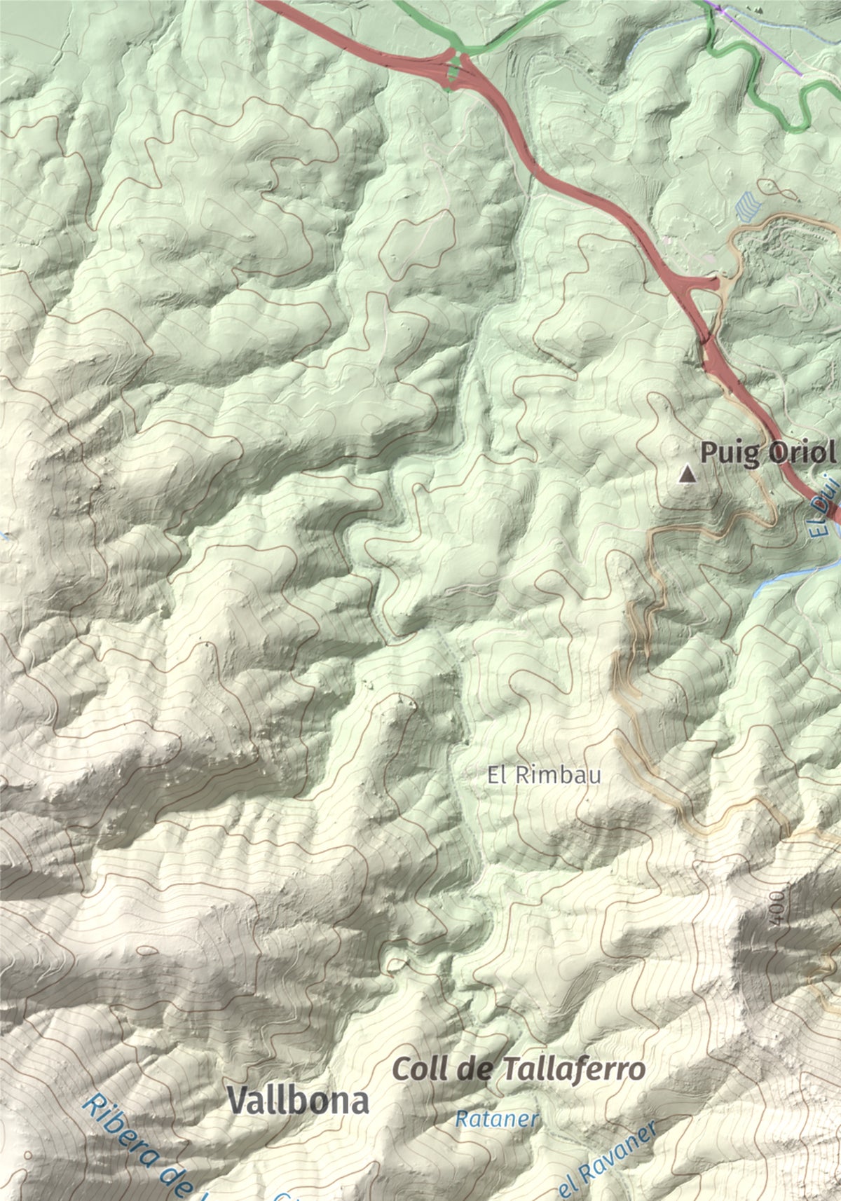 Mapa de relieve de Torre de Madeloc, 656 m, Rosselló, lámina 100 Cims de Trobart. Detalle de la zona superior izquierda. 21 × 30 cm.