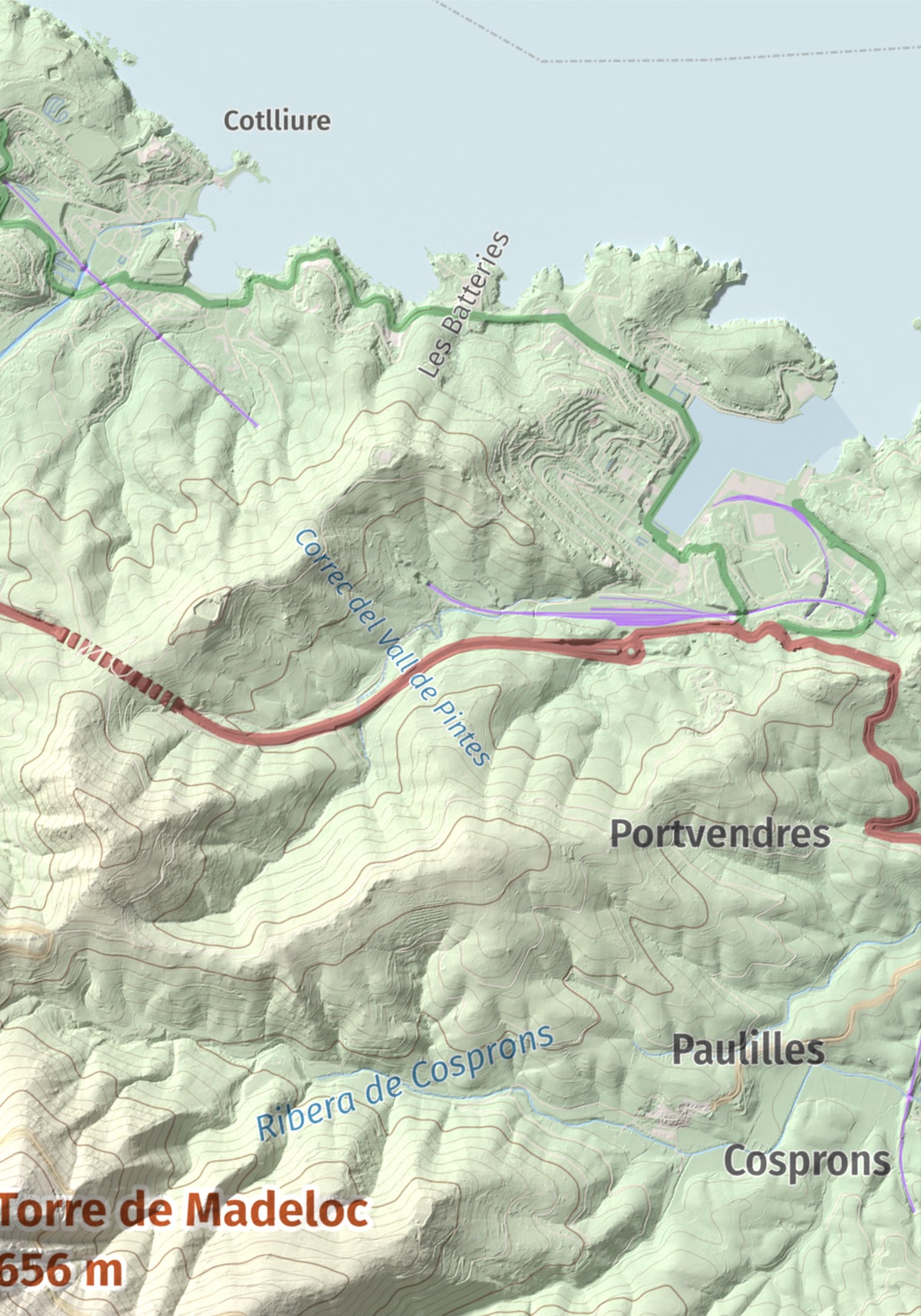 Mapa de relieve de Torre de Madeloc, 656 m, Rosselló, lámina 100 Cims de Trobart. Detalle de la zona superior derecha. 21 × 30 cm.