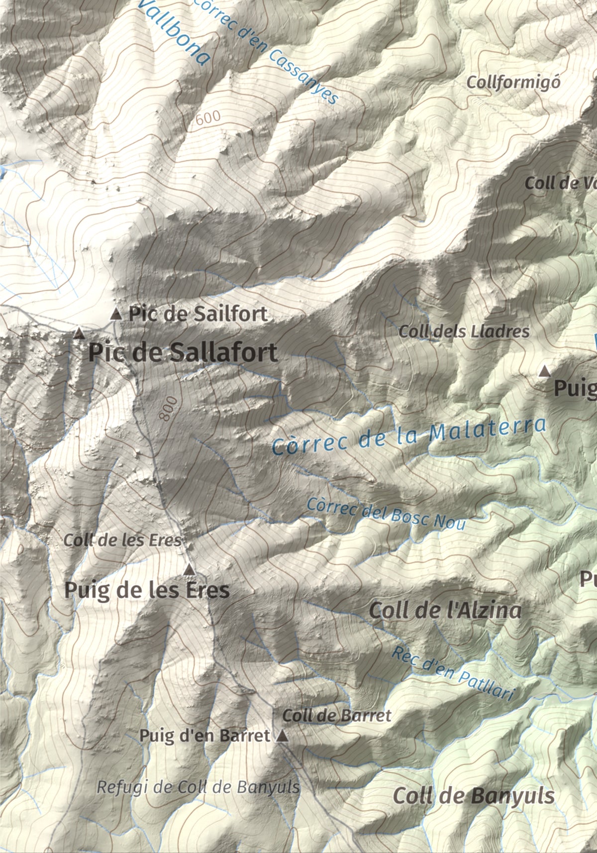 Mapa de relieve de Torre de Madeloc, 656 m, Rosselló, lámina 100 Cims de Trobart. Detalle de la zona inferior izquierda. 21 × 30 cm.