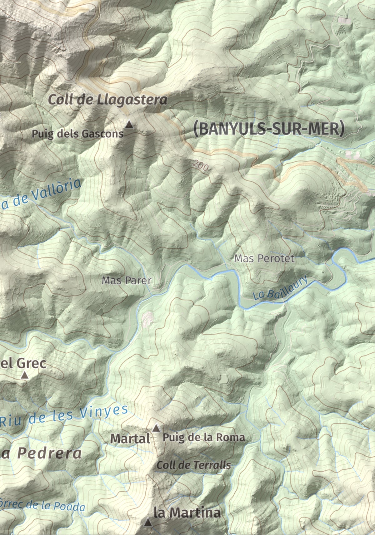 Mapa de relieve de Torre de Madeloc, 656 m, Rosselló, lámina 100 Cims de Trobart. Detalle de la zona inferior derecha. 21 × 30 cm.