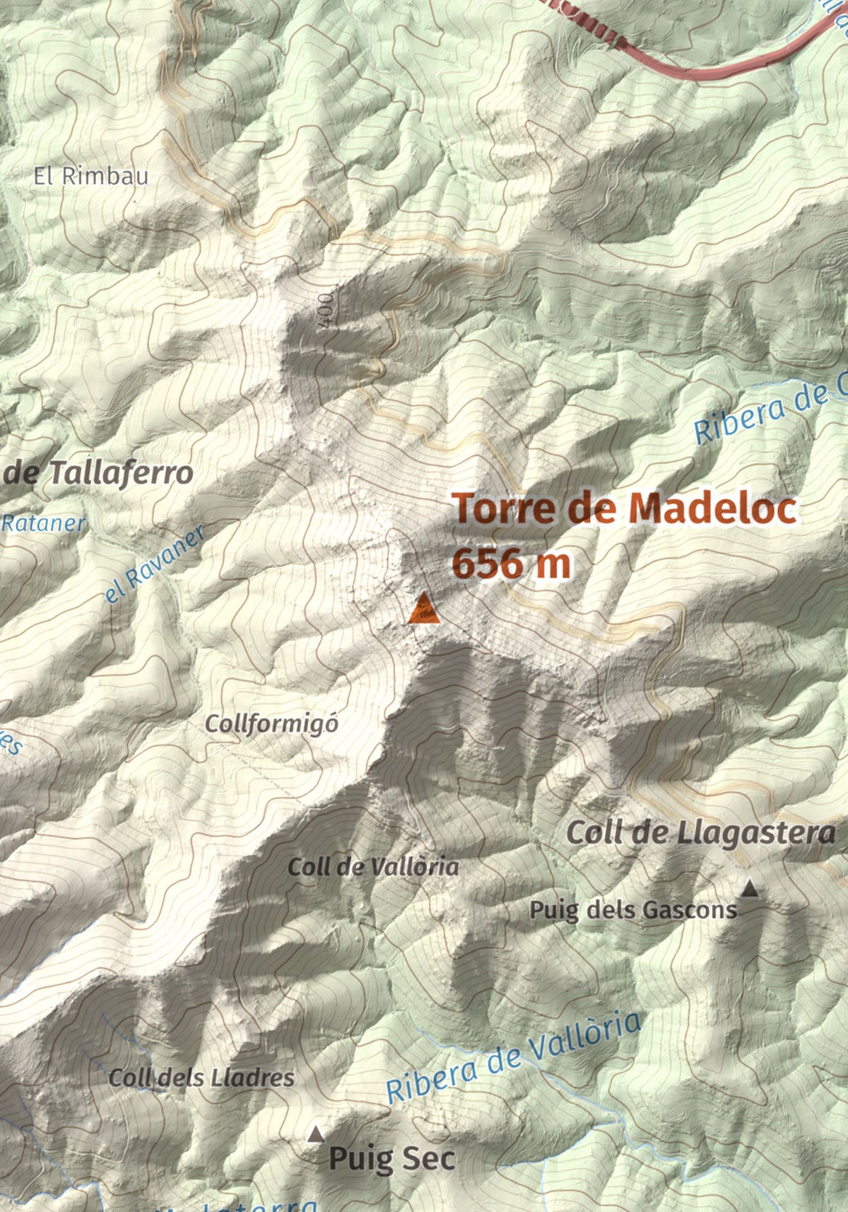 Mapa de relieve de Torre de Madeloc, 656 m, Rosselló, lámina 100 Cims de Trobart. Detalle de la zona central. 21 × 30 cm.