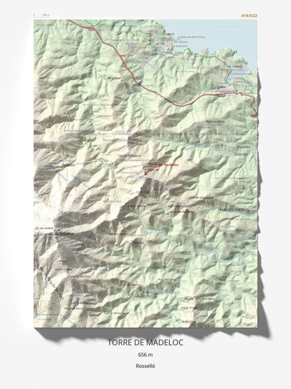 Mapa de relieve de Torre de Madeloc, 656 m, Rosselló, lámina 100 Cims de Trobart 30 × 40 cm.