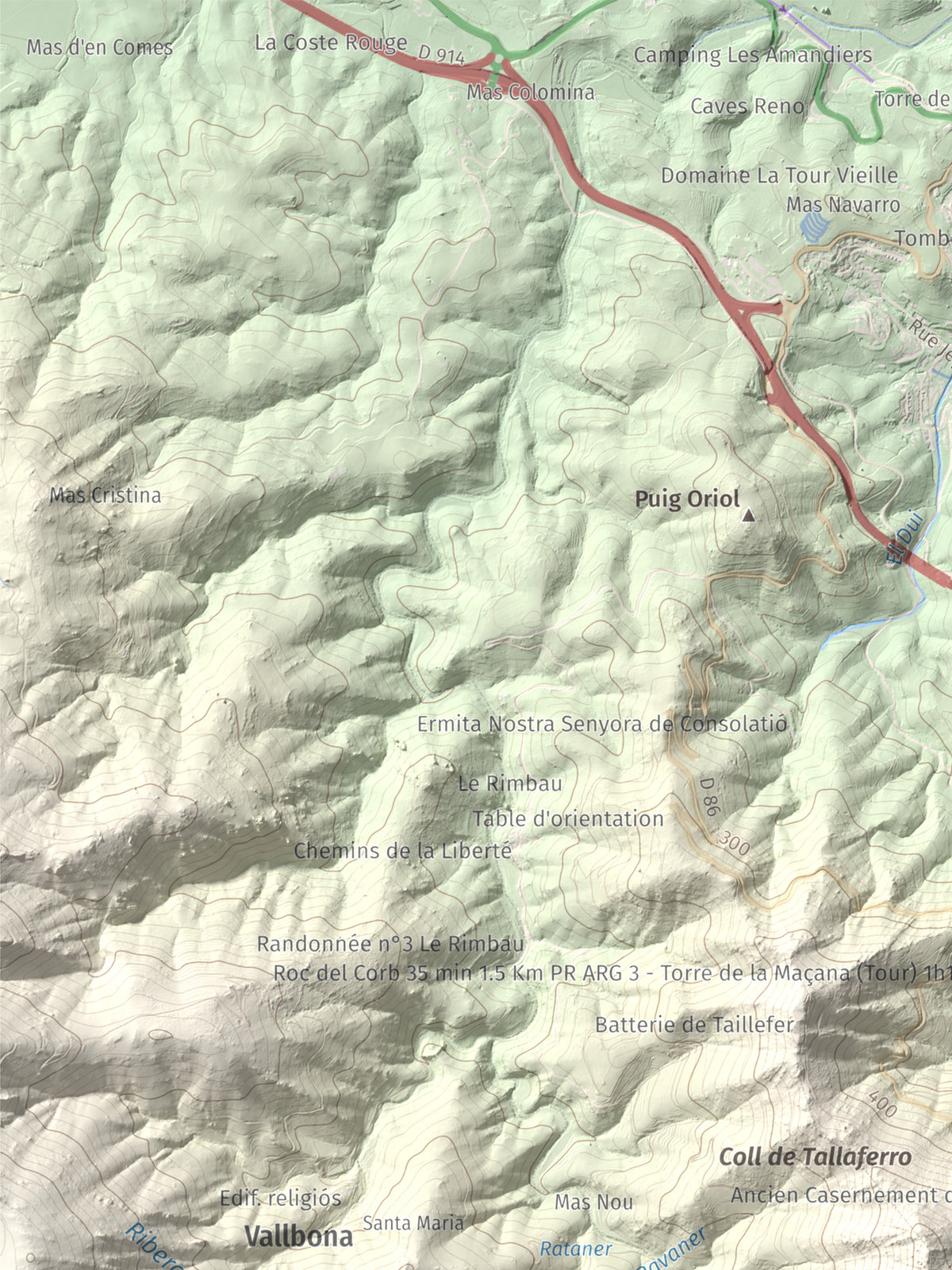 Mapa de relieve de Torre de Madeloc, 656 m, Rosselló, lámina 100 Cims de Trobart. Detalle de la zona superior izquierda. 30 × 40 cm.