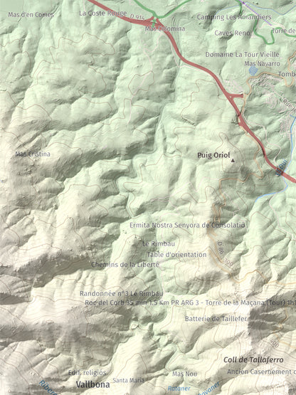Mapa de relieve de Torre de Madeloc, 656 m, Rosselló, lámina 100 Cims de Trobart. Detalle de la zona superior izquierda. 30 × 40 cm.
