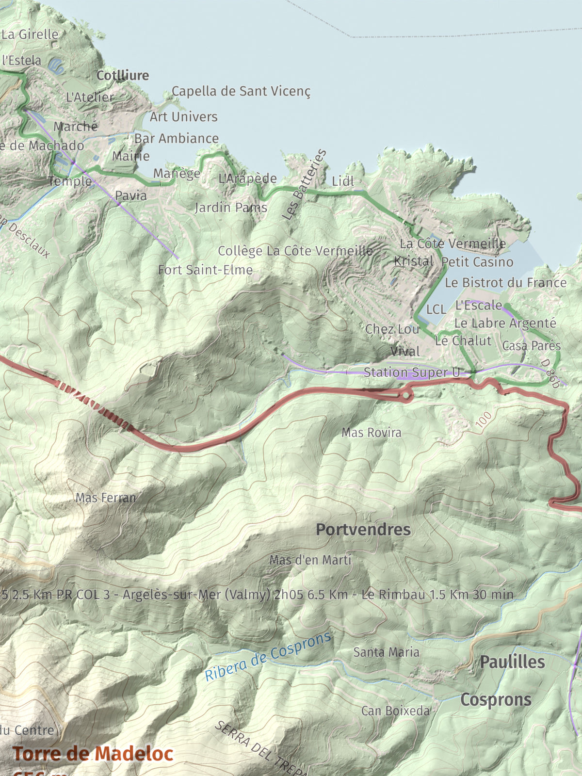 Mapa de relieve de Torre de Madeloc, 656 m, Rosselló, lámina 100 Cims de Trobart. Detalle de la zona superior derecha. 30 × 40 cm.