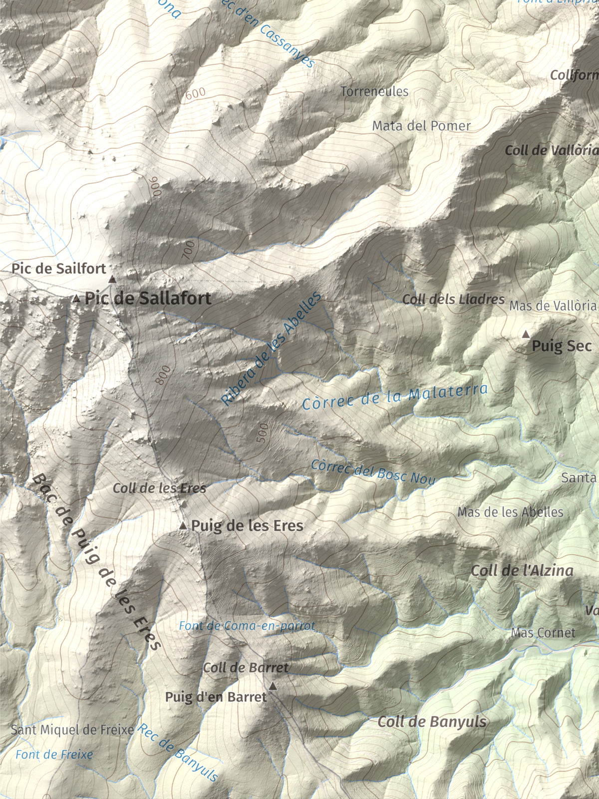 Mapa de relieve de Torre de Madeloc, 656 m, Rosselló, lámina 100 Cims de Trobart. Detalle de la zona inferior izquierda. 30 × 40 cm.