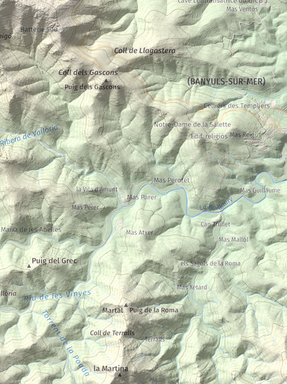 Mapa de relieve de Torre de Madeloc, 656 m, Rosselló, lámina 100 Cims de Trobart. Detalle de la zona inferior derecha. 30 × 40 cm.