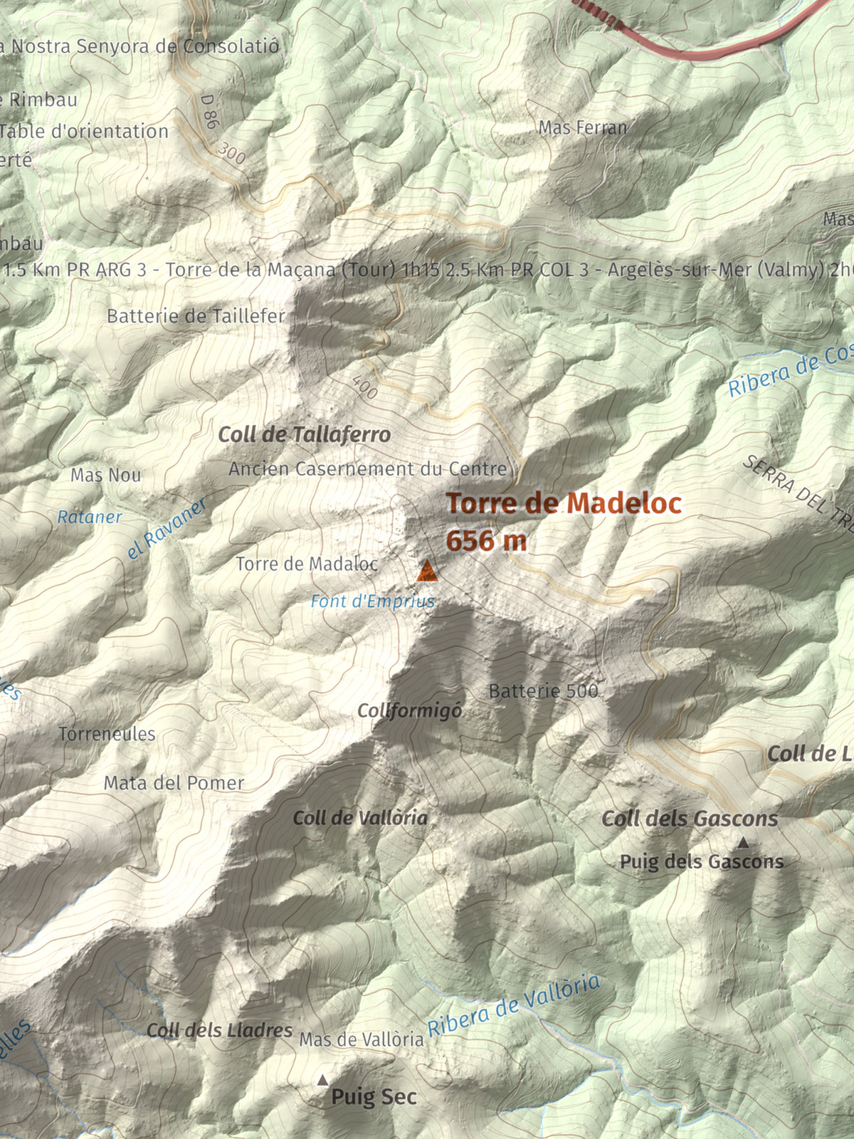 Mapa de relieve de Torre de Madeloc, 656 m, Rosselló, lámina 100 Cims de Trobart. Detalle de la zona central. 30 × 40 cm.