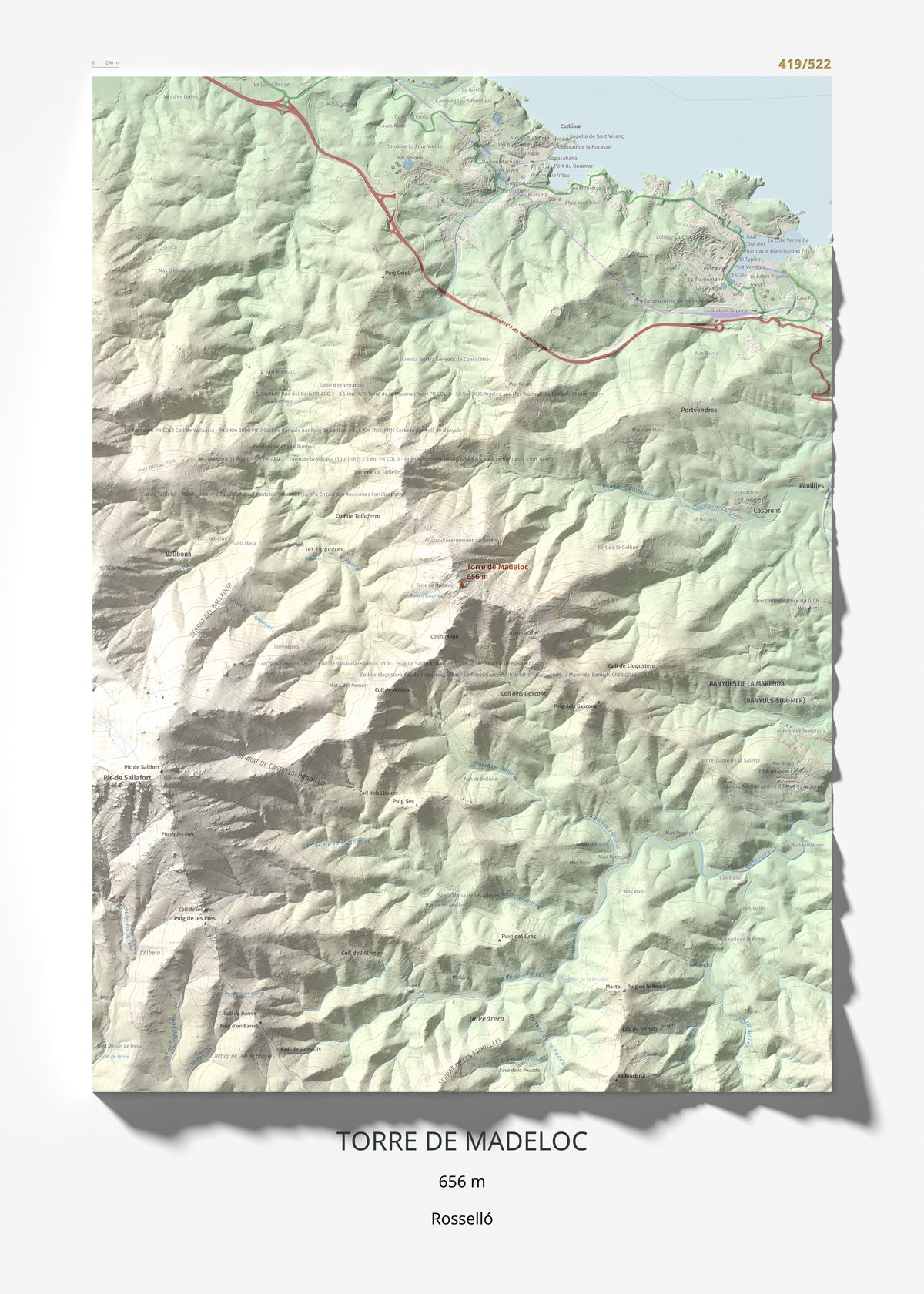 Mapa de relieve de Torre de Madeloc, 656 m, Rosselló, lámina 100 Cims de Trobart 50 × 70 cm.