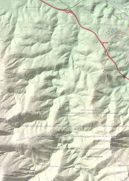 Mapa de relieve de Torre de Madeloc, 656 m, Rosselló, lámina 100 Cims de Trobart. Detalle de la zona superior izquierda. 50 × 70 cm.
