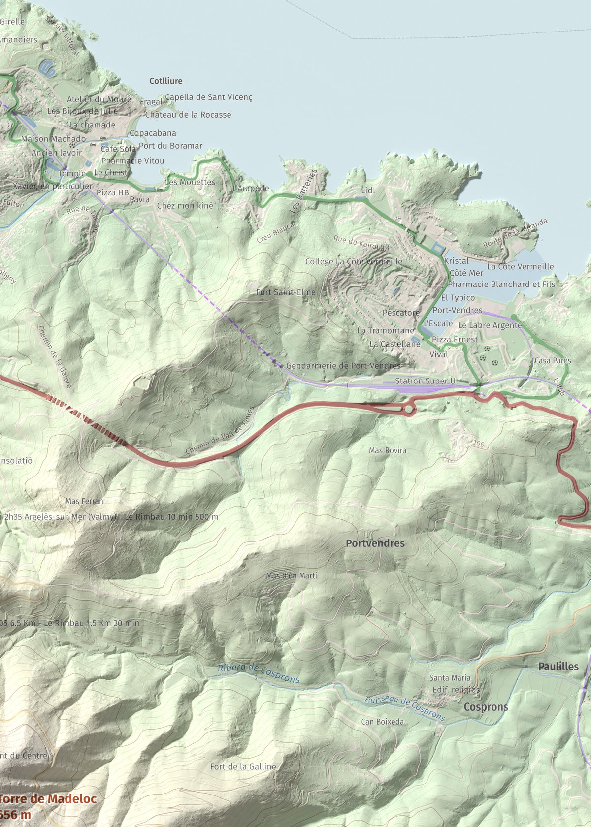 Mapa de relieve de Torre de Madeloc, 656 m, Rosselló, lámina 100 Cims de Trobart. Detalle de la zona superior derecha. 50 × 70 cm.