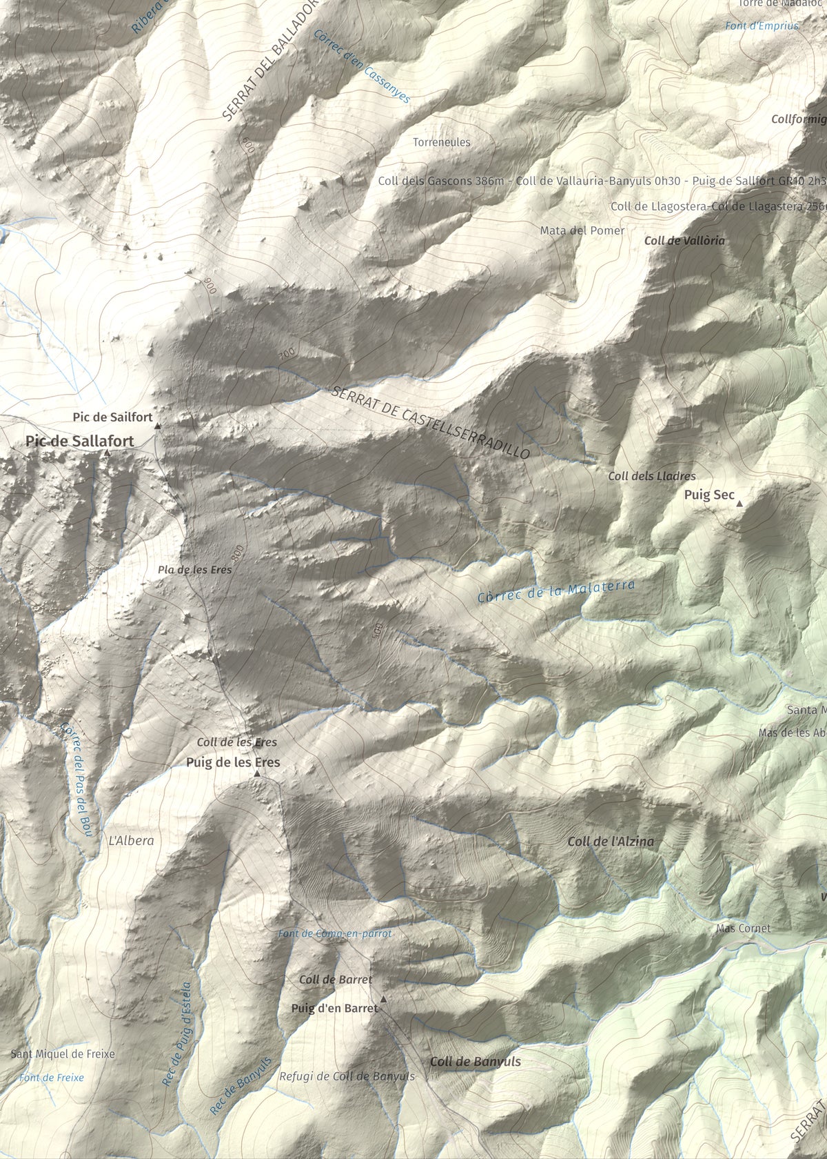 Mapa de relieve de Torre de Madeloc, 656 m, Rosselló, lámina 100 Cims de Trobart. Detalle de la zona inferior izquierda. 50 × 70 cm.