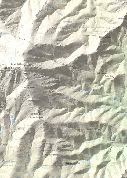 Mapa de relieve de Torre de Madeloc, 656 m, Rosselló, lámina 100 Cims de Trobart. Detalle de la zona inferior izquierda. 50 × 70 cm.